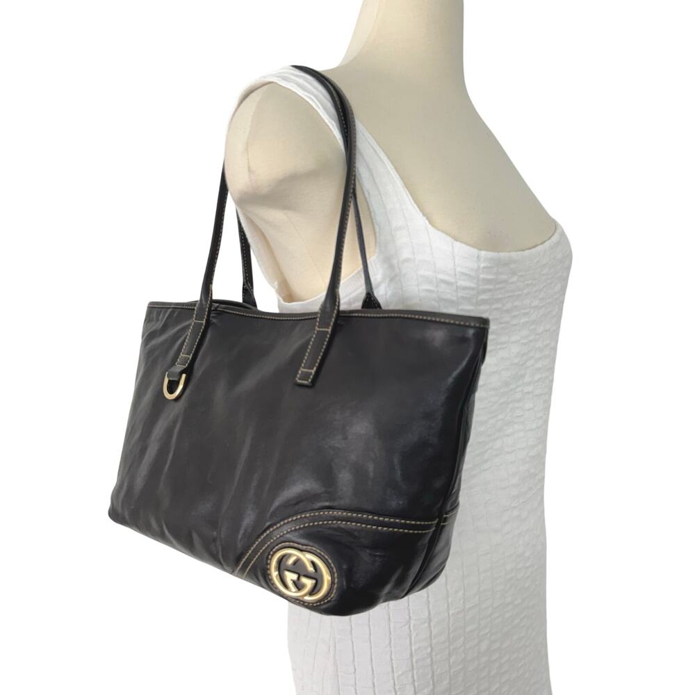Gucci Vintage Leather Britt Tote Bag Shoulder Purse Black and Red/Green Stripe - Picture 1 of 16
